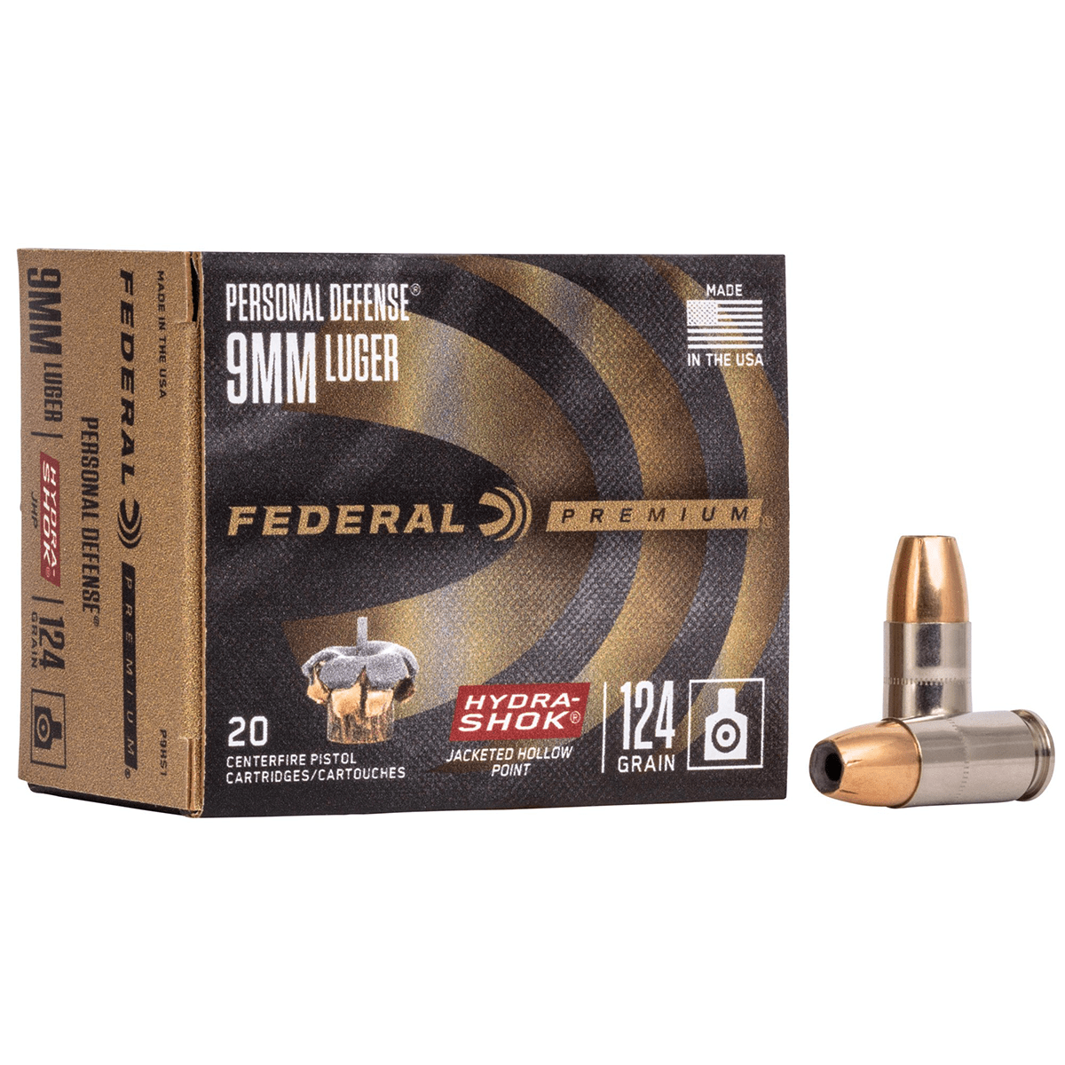 Federal Premium Personal Defense 9mm Luger 124 grain Hydra-Shok Jacketed Hollow Point Ammo